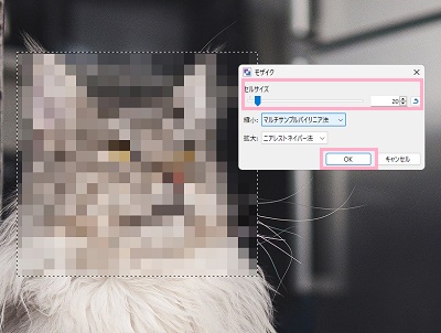 「セルサイズ」のスライダーでモザイクのぼかし具合を調節し、「OK」をクリック