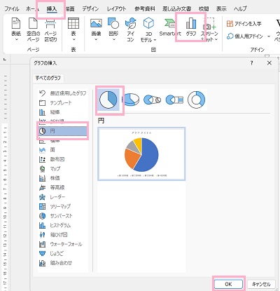 「挿入」→「グラフ」→「円」→使用する円グラフを選択して「OK」をクリックをクリック