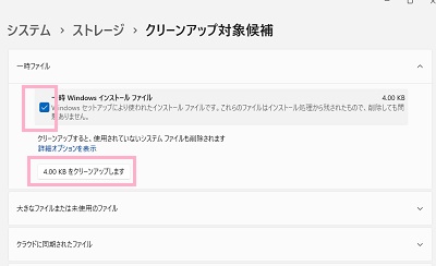 各ファイルのチェックボックスをクリックして有効にして「~をクリーンアップします」をクリック