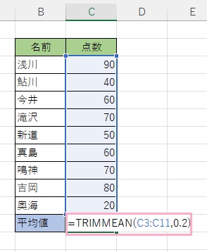 C12セルに「=TRIMMEAN(C3:C11,0.2)」と入力