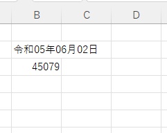 B2セルに「令和05年06月02日」と表示できた