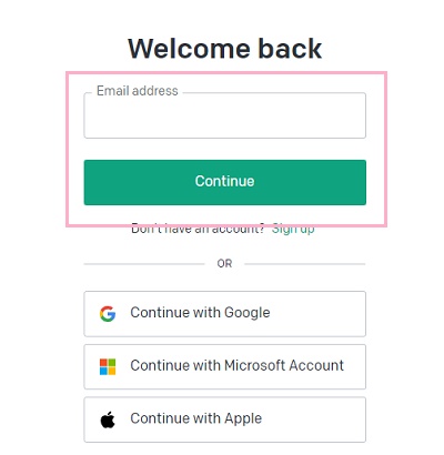 メールアドレスを入力して「Continue」ボタンをクリック