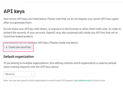 「Create new secret key」ボタンをクリック