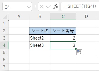 C4セルに「=SHEET(T(B4))」と入力