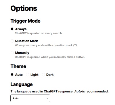 ChatGPT for Googleのオプション画面