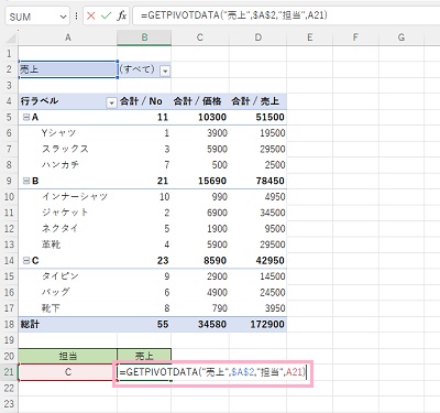 B21セルに、「=GETPIVOTDATA("売上",$A$2,"担当",A21)」と入力