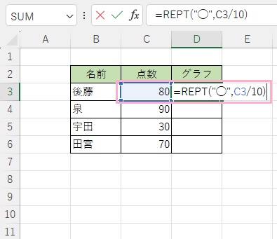 D3セルに「=REPT("◯",C3/10)」と入力