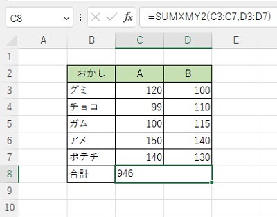 C列とD列の選択セル範囲の平方和を求めた計算結果を出力することができた