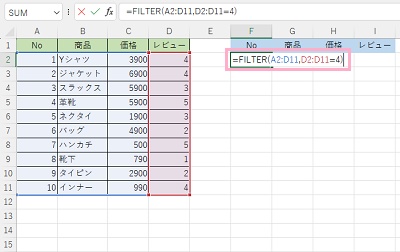 F2セルに「=FILTER(A2:D11,D2:D11=4)」と入力