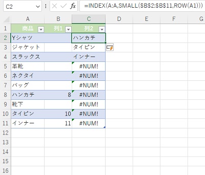 文字列に「ン」の入っている商品のみをリスト化できた