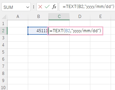 C2セルに「=TEXT(B2,"yyyy/mm/dd")」と入力