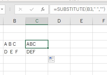 SUBSTITUTE関数で半角スペースを削除した値をC3セルに出力できた