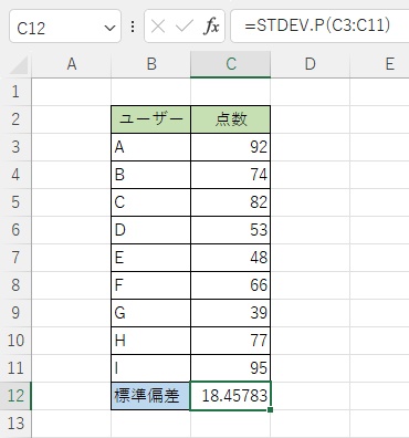 指定した範囲の標準偏差を求めることができた