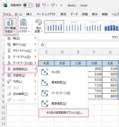 「グラフ要素を追加」から「誤差範囲」のサブメニューの「その他の誤差範囲オプション」をクリック