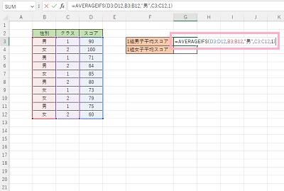 G3セルに「=AVERAGEIFS(D3:D12,B3:B12,"男",C3:C12,1)」と入力