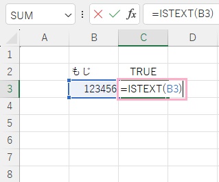 C3セルに「=ISTEXT(B3)」と入力