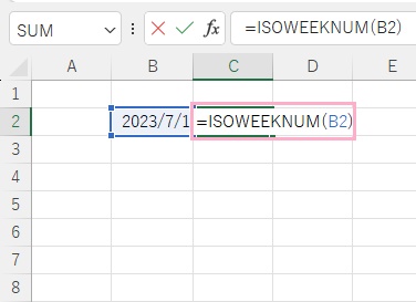 C2セルに「=ISOWEEKNUM(B2)」と入力