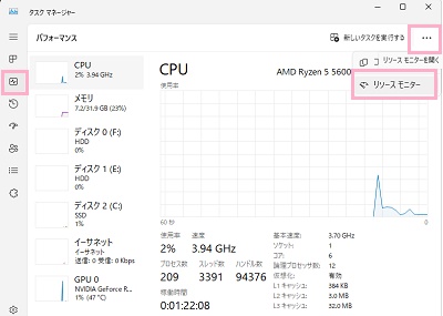 「パフォーマンス」をクリック→「もっと見る」→「リソースモニター」をクリック