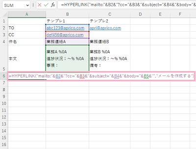 A6セルに「=HYPERLINK("mailto:"&B2&"?cc="&B3&"&subject="&B4&"&body="&B5&"","メールを作成する")」とHYPERLINK関数を入力