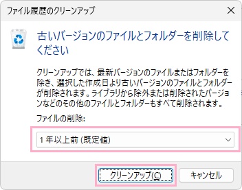 「ファイルの削除」のプルダウンメニューから期間を選択して「クリーンアップ」をクリック