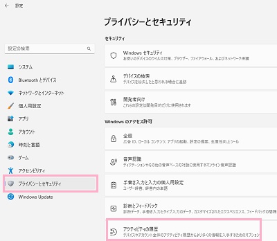 「プライバシーとセキュリティ」→「アクティビティの履歴」をクリック