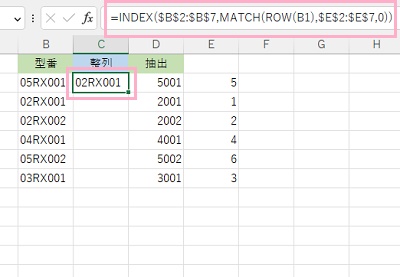 C2セルに「=INDEX($B$2:$B$7,MATCH(ROW(B1),$E$2:$E$7,0))」と入力