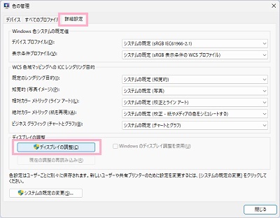 「詳細設定」タブ→「ディスプレイの調整」をクリック
