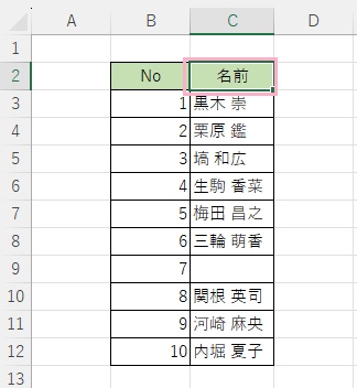 移動したい列のある表のヘッダー部分をアクティブセルにした状態で「Ctrlキー+下矢印キー」を同時押し