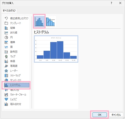 左側メニューの「ヒストグラム」→「ヒストグラム」を選択し「OK」をクリック