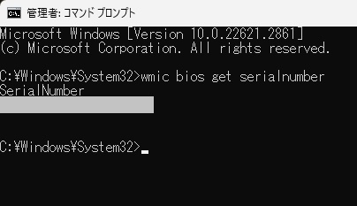 「wmic bios get serialnumber」とコマンドを入力してEnterキーを押す