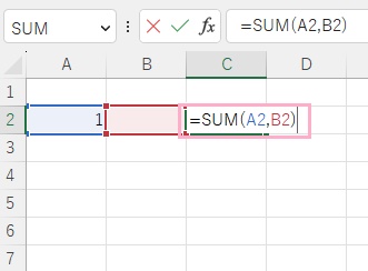 「=SUM(A2,B2)」と入力