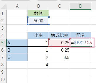 D5セルに「=$B$2*C5」と入力