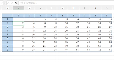 掛け算の九九の表をスピルで作成できた