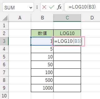 C3セルに「=LOG10(B3)」と入力