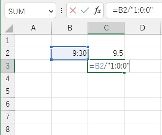 C3セルに「=B2/"1:0:0"」と数式を入力