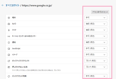 対象のドメインのアクセス許可項目一覧