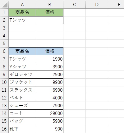 VLOOKUP関数を使用して商品名から価格を自動で表示させたい