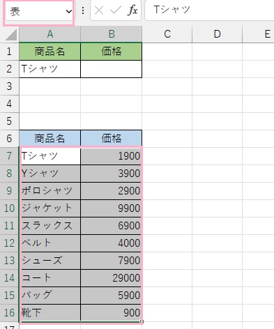 下部の表の範囲を選択した状態でシート上の名前の入力欄に「表」と入力