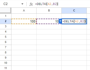 C2セルに「=DELTA(A2,B2)」と入力