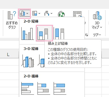 「縦棒/横棒グラフの挿入」→「積み上げ縦棒」をクリック