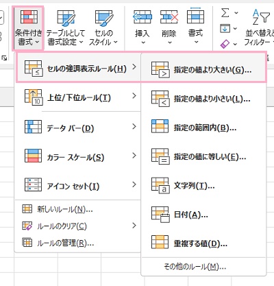 「条件付き書式」→「セルの強調表示ルール」のサブメニューの「指定の値より大きい」をクリック