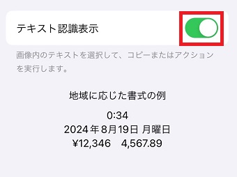 「テキスト認識表示」をオンにする