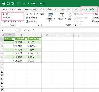 「テーブルデザイン」タブをクリック→「テーブル名」にテーブルの名前を入力