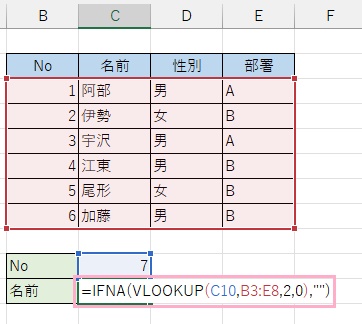C11セルに入力していした数式を、「=IFNA(VLOOKUP(C10,B3:E8,2,0),"")」へと変更する