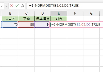 E2セルに「=1-NORMDIST(B2,C2,D2,TRUE)」と入力