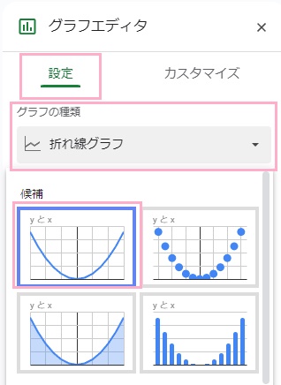 「設定」タブ→「グラフの種類」プルダウンメニューから「折れ線グラフ」をクリック