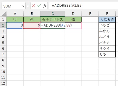 C2セルに「=ADDRESS(A2,B2)」と入力
