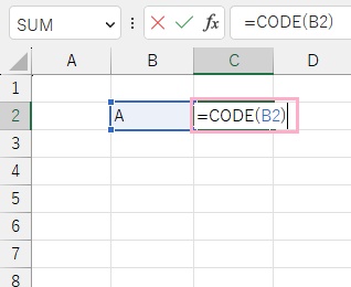 C2セルに「=CODE(B2)」と入力