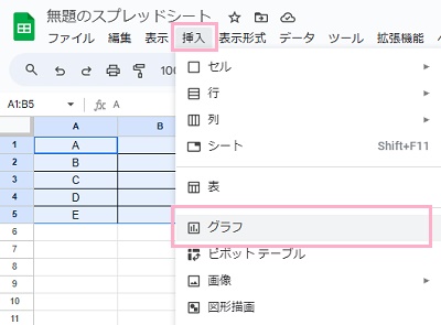 「挿入」タブ→「グラフ」をクリック
