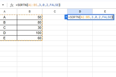 D1セルに「=SORTN(A1:B5,3,0,2,FALSE)」と入力
